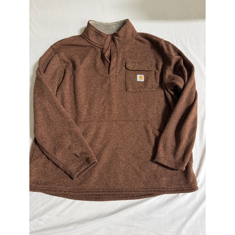Carhartt Mens 2XL Relaxed Fit Quarter Zip Sherpa Lined Fleece Pullover Brown - Picture 2 of 9